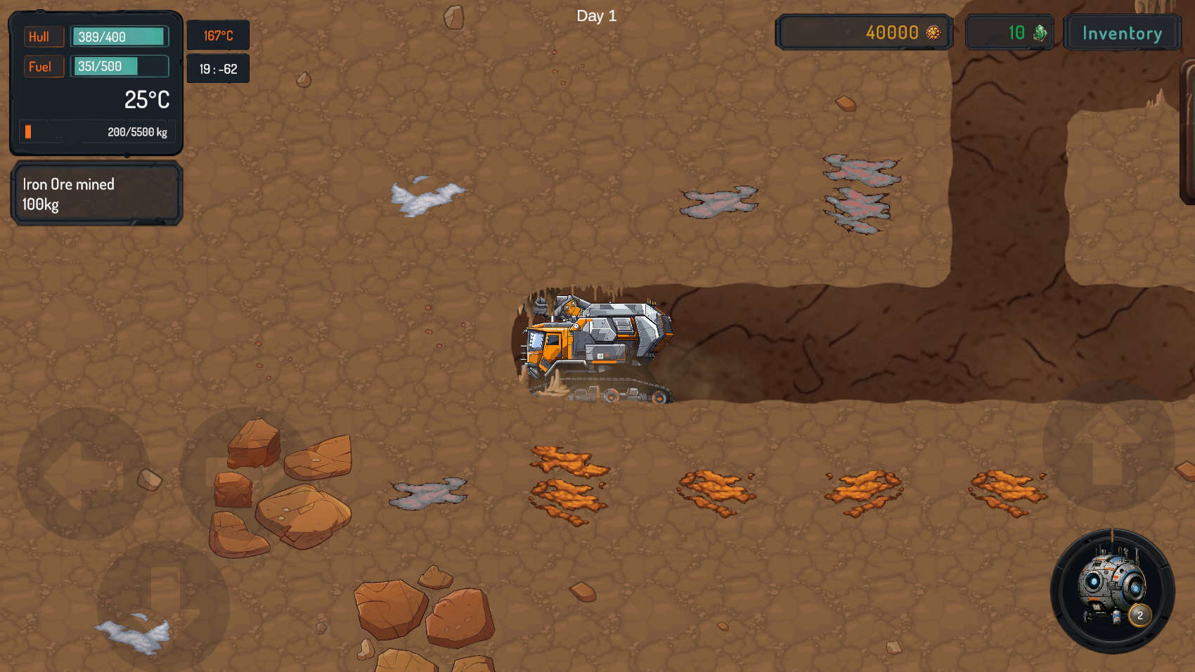 Game play Miner in the mines surrounded by ores