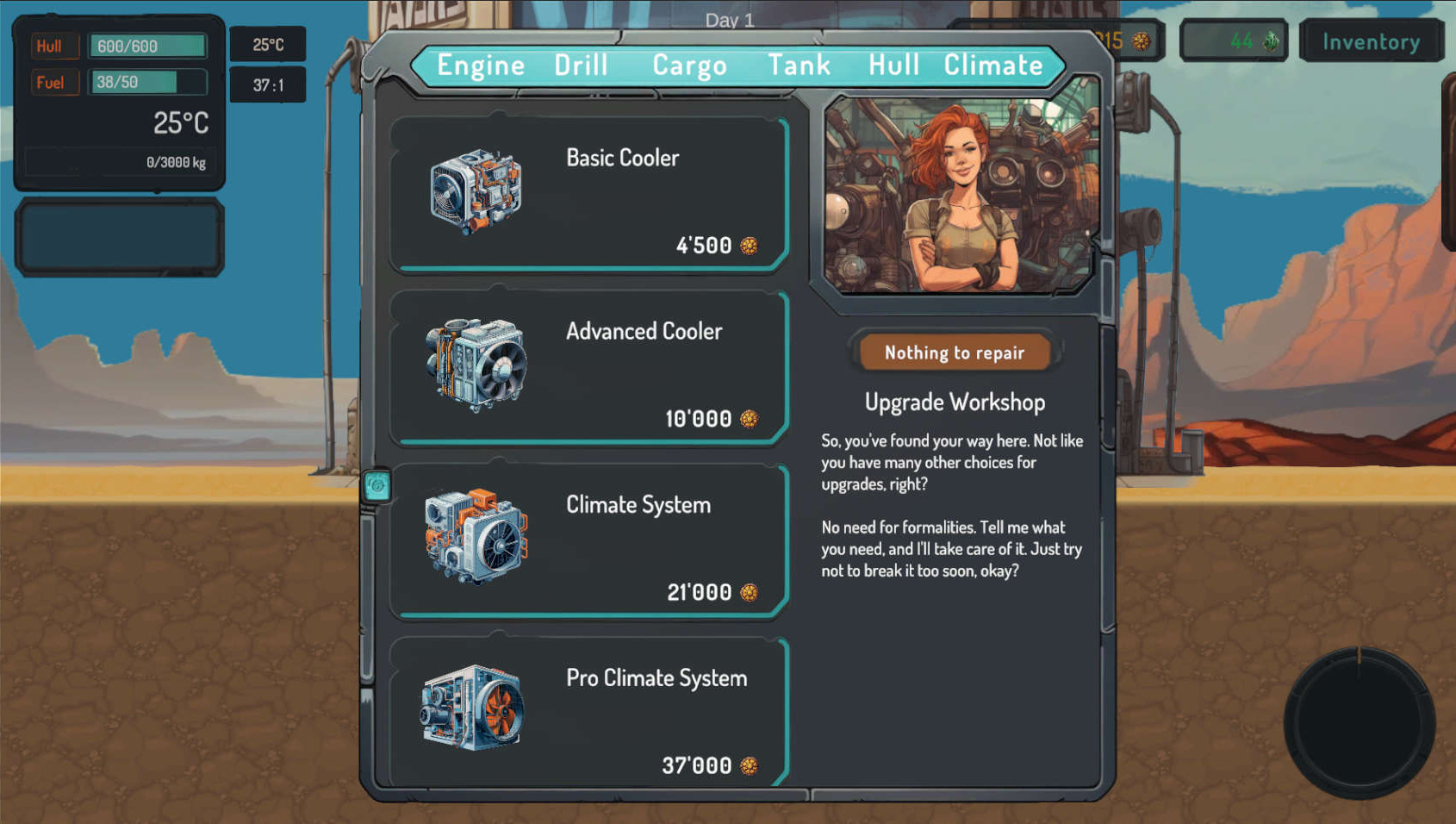 Game play Upgrade Workshop user interface showing the clima upgrades